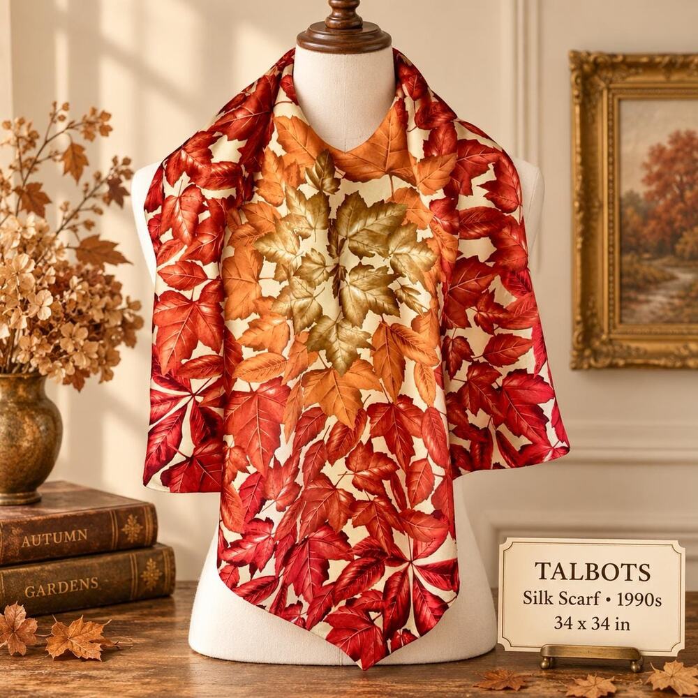 Vintage Talbots Silk Scarf 1990s Fall Leaf Print Rust Gold Square 34x34